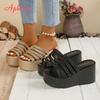Fashion Aphixta Gold Sole Weave Design Women Wedge Slides 9cm High Heels Summer Beach Shoes for Woman Fashion Women's Sandals