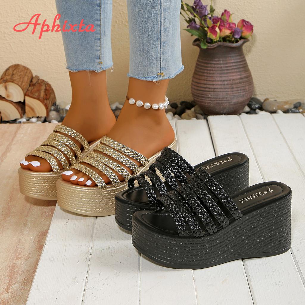 Fashion Aphixta Gold Sole Weave Design Women Wedge Slides 9cm High Heels Summer Beach Shoes for Woman Fashion Women's Sandals