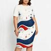 Women Plus Size Two Piece Skirt Set Round Neck Short Sleeve Printed Asymmetric Top Fitted Skirt Red Blue White