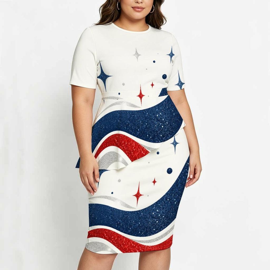 Women Plus Size Two Piece Skirt Set Round Neck Short Sleeve Printed Asymmetric Top Fitted Skirt Red Blue White