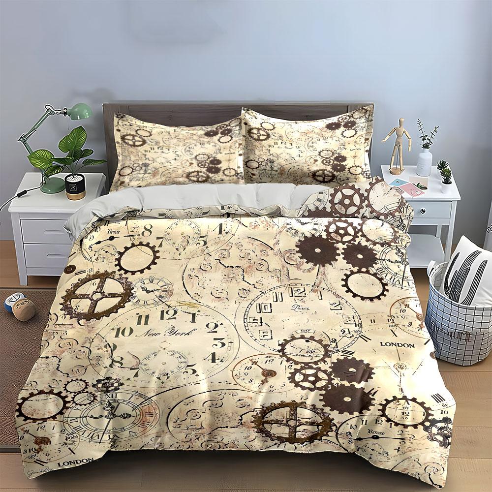 Vintage Clockwork Design Bedding Duvet Cover Set Duvet Cover Pillowcases (1*Duvet Cover 2*Pillowcases, without duvet insert)
