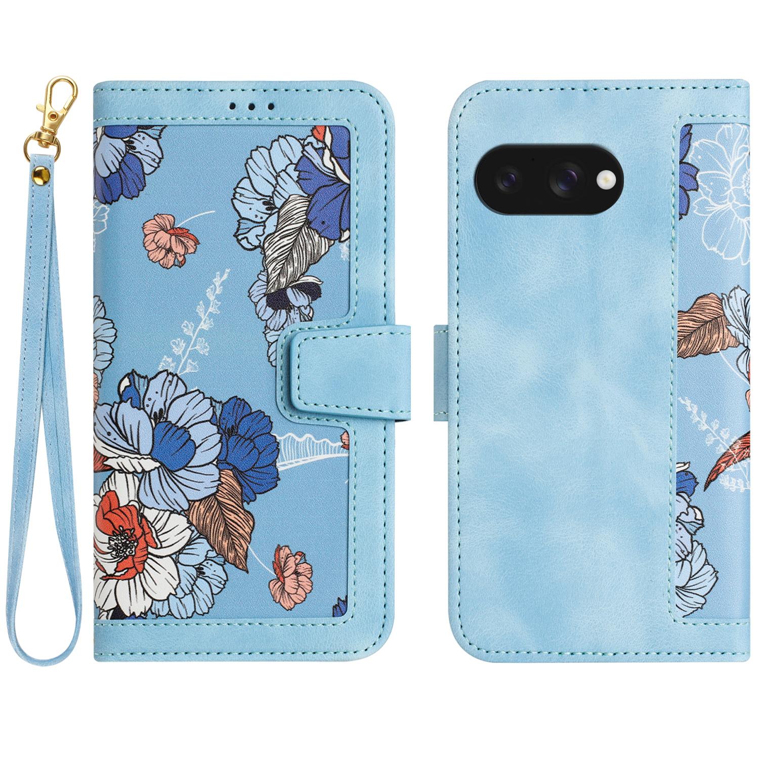 

For Google Pixel 9a Case PU Leather Floral Phone Cover with Card Slots Baby Blue