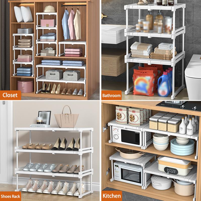 Adjustable Closet Storage No-Punch Storage Shelf Space Saving Wardrobe Decorative Shelf Cabinet Holder for Bathroom Kitchen Shoes Rack Sundry Storage