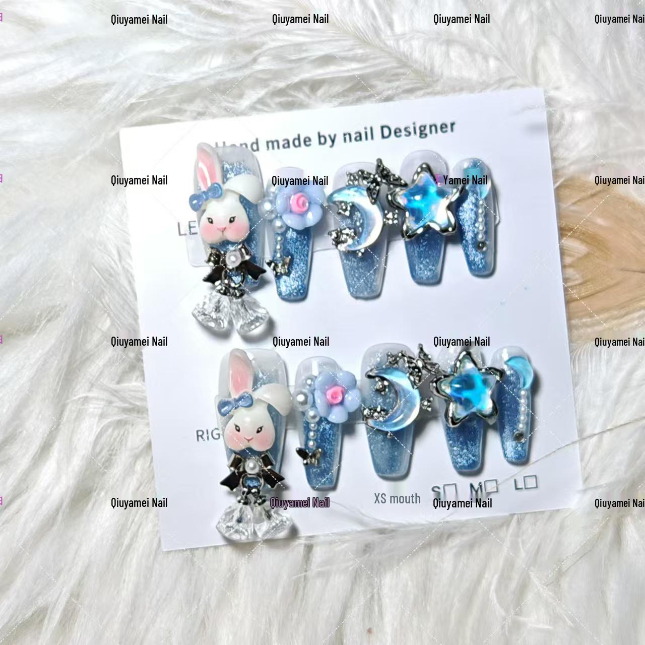 

Ручна робота Зайчик-висловухий Милий Блакитний Накладний Арт для нігтів Extra Small