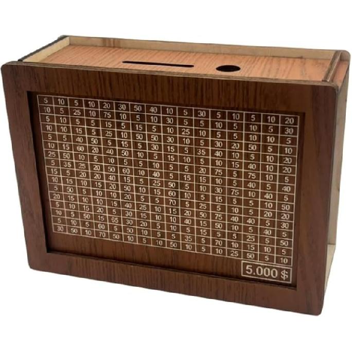 Wooden Money Box with Savings Target and Numbers, Reusable Money Saving Box for Cash, Savings Challenges Box w/Counter Crafts, Portable Storage Case