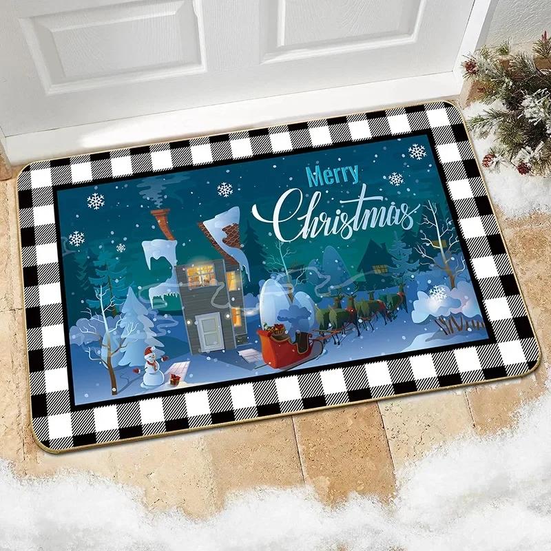 VIKAMA Blue Christmas Dwarf Crystal Velvet Carpet Entrance Welcome Mat Living Room Bedroom Kitchen Winter Home Decor Mat