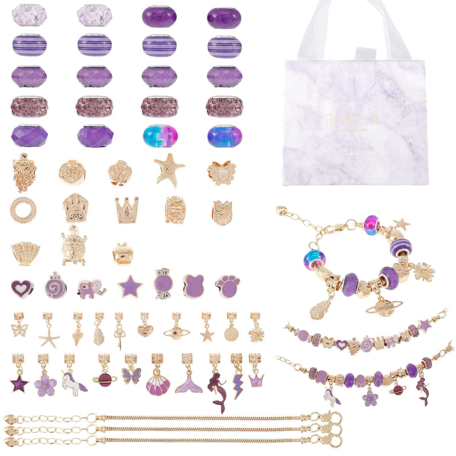 

63 шт. Набор для изготовления браслетов с подвесками, набор для самостоятельного изготовления бисерных украшений с цветными бусинами, бусины с большими отверстиями, подвески, бусины CCB, золото фиолетовый