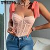 Europe and America Lace Tie Straps Tops Steel Ring Fishbone Hollowing Out Sling Fashionable Girls Cool and Refreshing In Summer