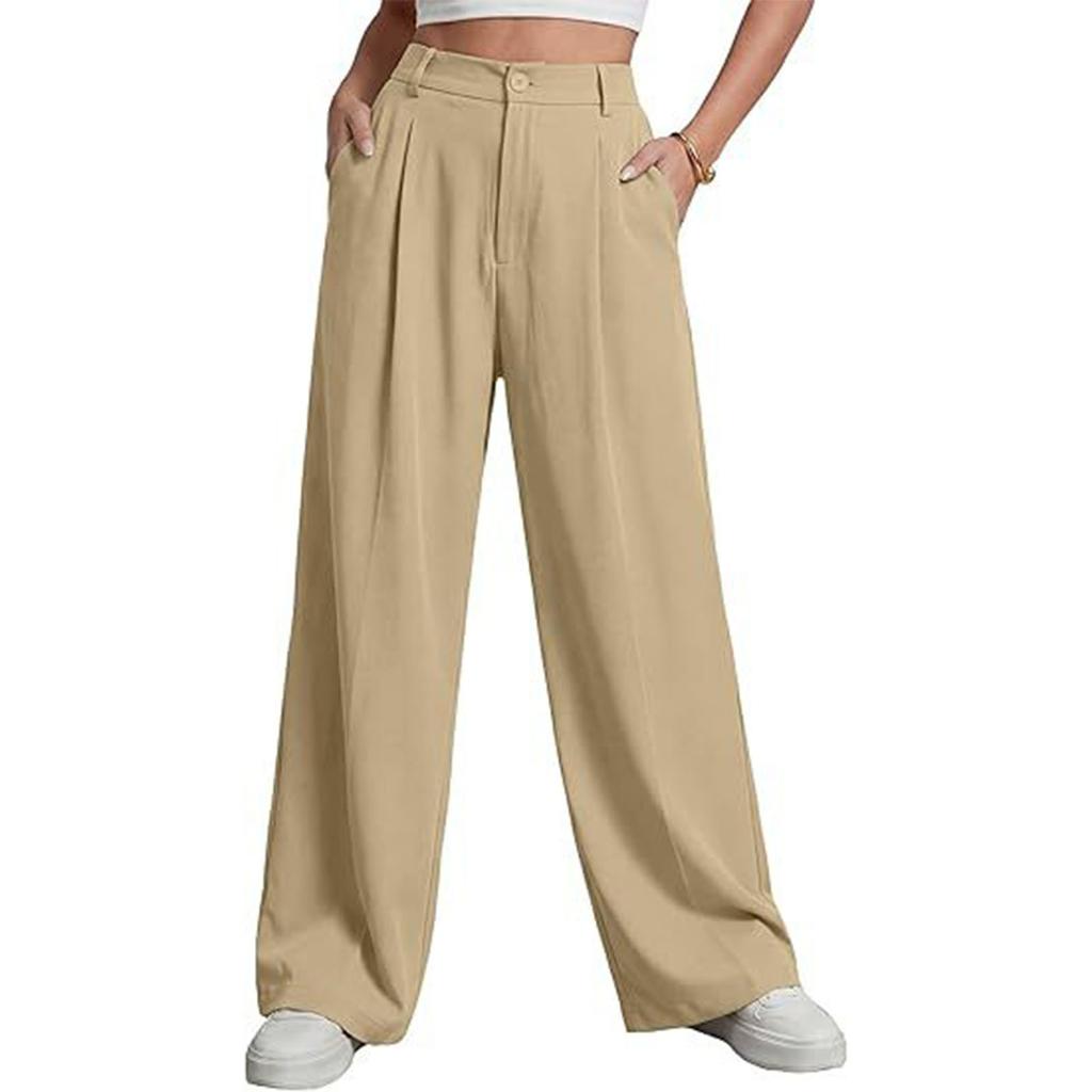 Women Loose Fit Casual Suit Pants High Waist Long Trousers Wide Leg Relaxed Style with Button and Zipper Closure for Daily Wear