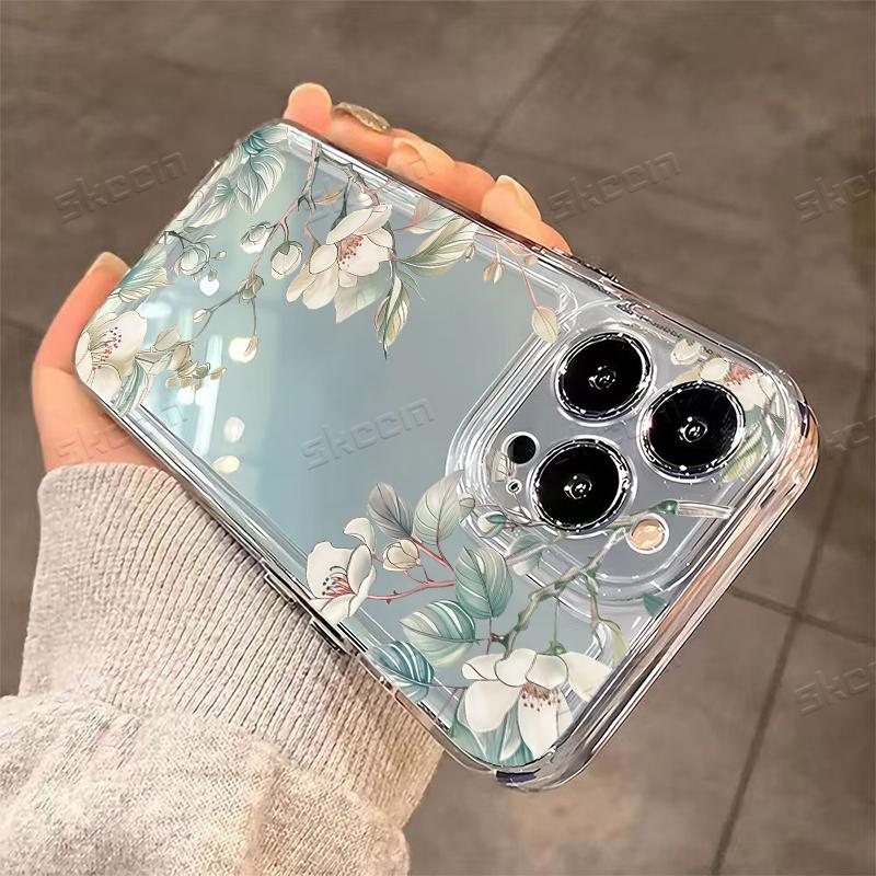 Delicate White Floral Green Leaves Phone Case for iPhone 17 16 15 14 13 12 11 16E Series Pro Max Plus Double Layer Protection