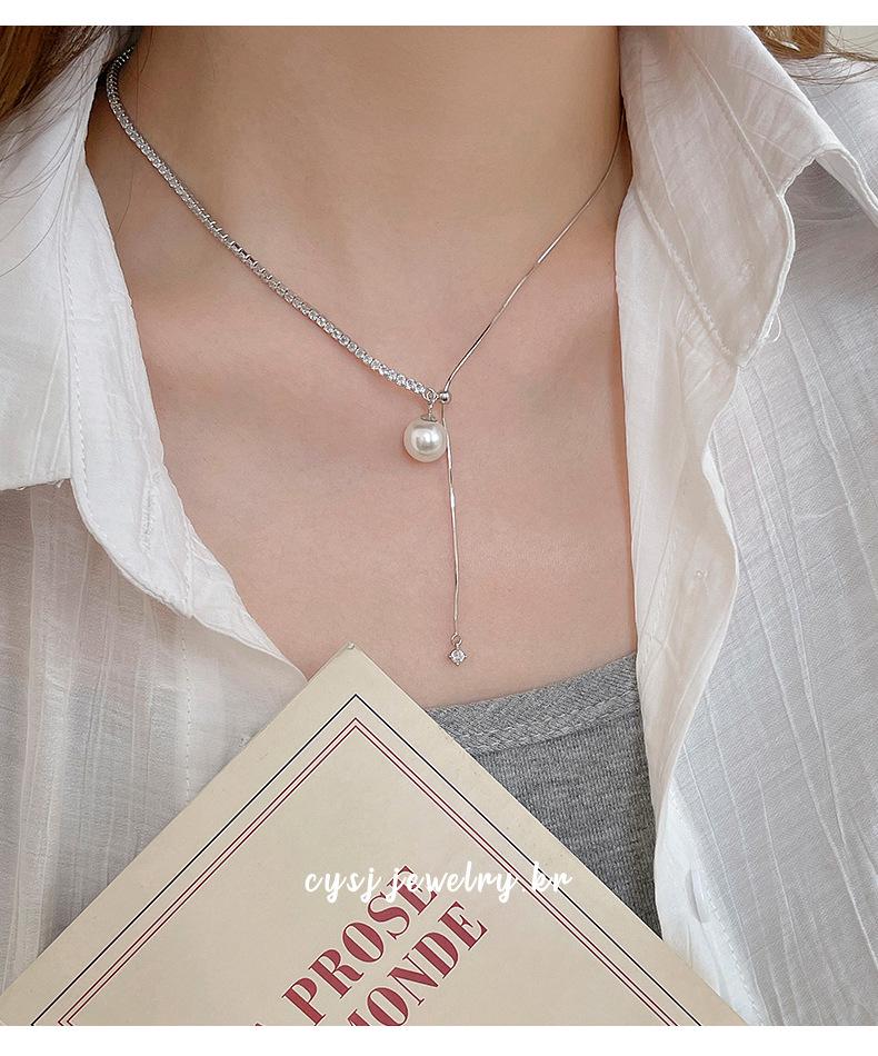 Cui Yan S925 Sterling Silver Korean Asymmetrical Long Necklace with Rhinestones & Pearl Clavicle Chain