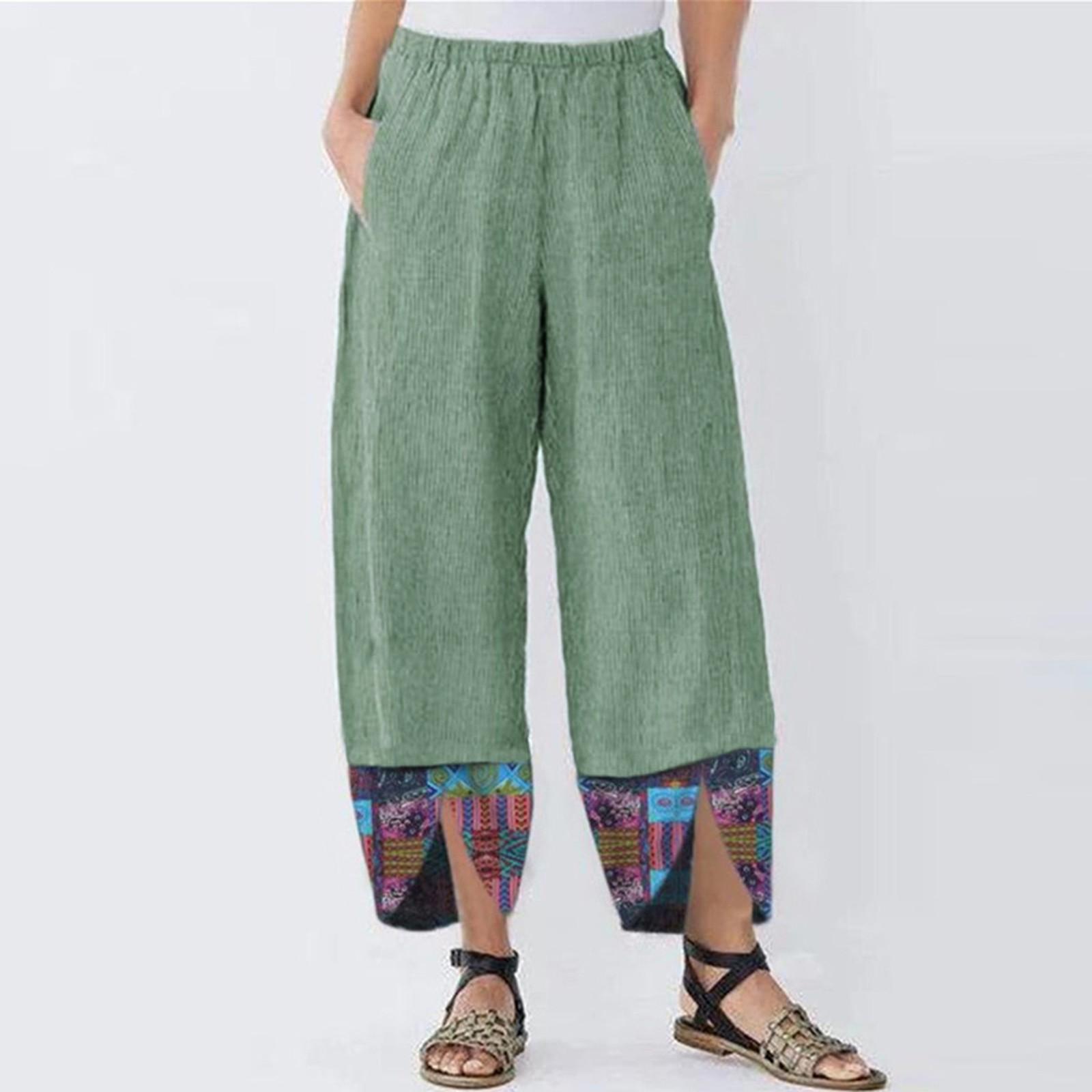 

Women Cotton Linen Print Irregular Elastic Waist Casual Loose Wide Leg Pants M зелений