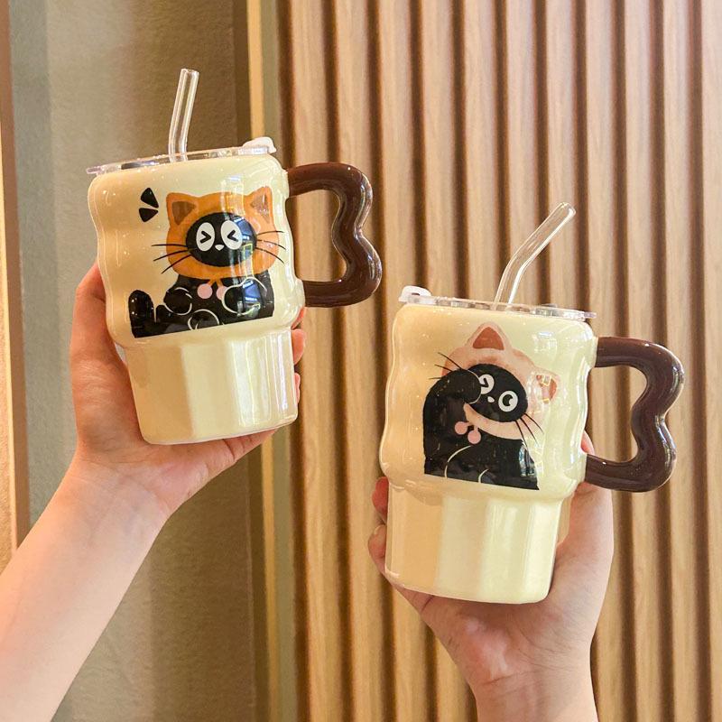 Retro kočičí brčko kelímek pro pár na pití keramický hrnek s víčkem dárek k narozeninám pro dívku suvenýr pro přítelkyni