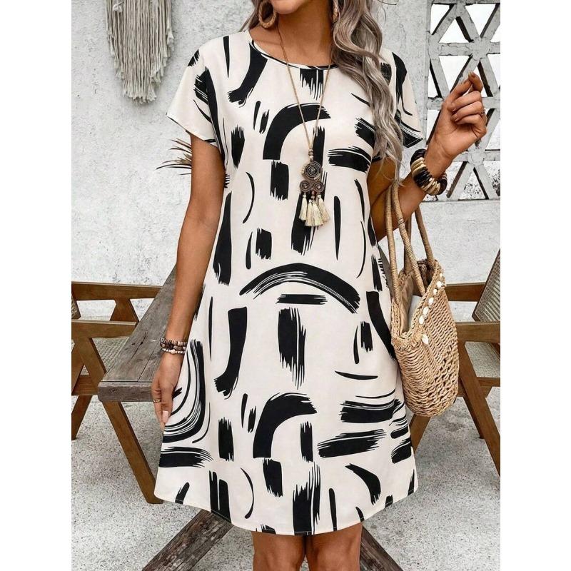 Women's Casual Geometric Print Short Sleeve A-Line Dress, Summer Boho Style