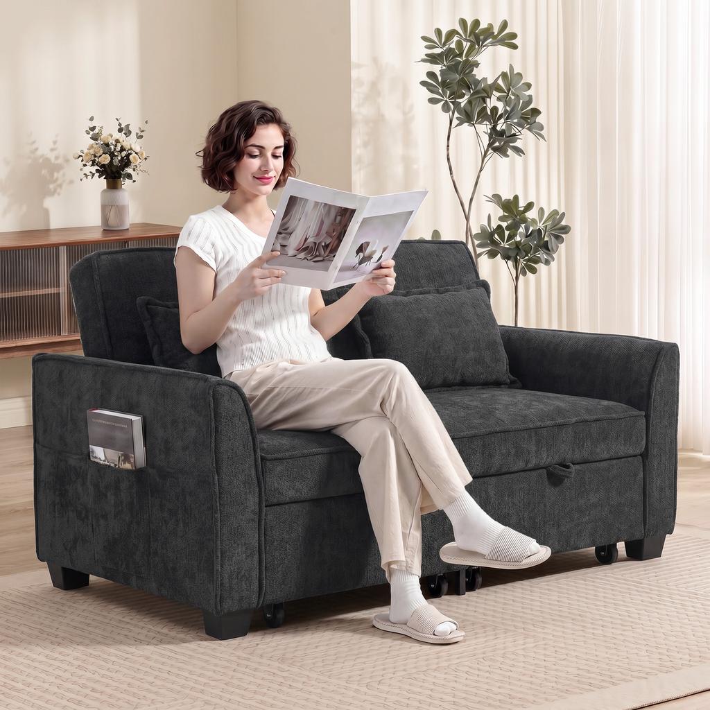 2 Seater Sofa Bed, 4-in-1 L-Shaped Convertible Pull-Out Sleeper Sofa with Adjustable Backrest and Side Pockets, Black