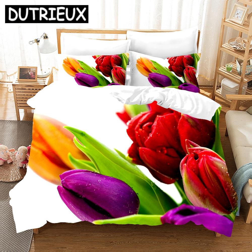Pink Tulip Bedding Set Elegant Flower Scenery 3d Duvet Cover Pillowcases Bed Linen Twin Queen King Single Size Duvet Cover Set