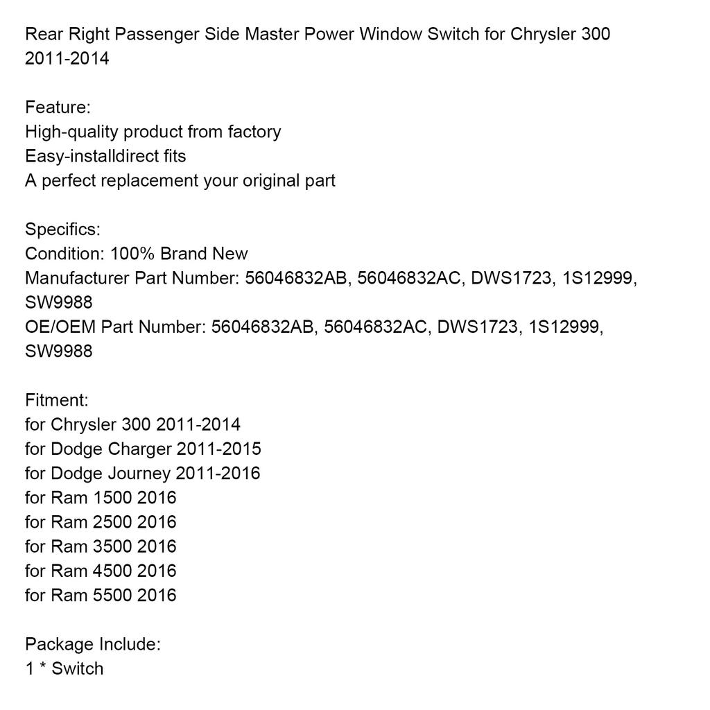 Rear Right Passenger Side Master Power Window Switch for Chrysler 300 2011-2014