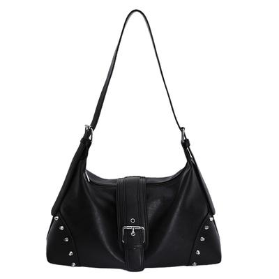 PU Hobo Bag Women's Fashion Shoulder Tote with Buckle Strap and Stud Detail Large Capacity Daily Handbag