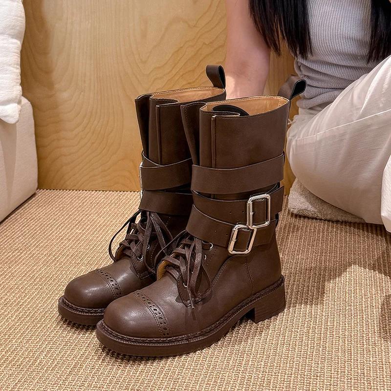 

Винтажная пряжка ремня Женская Западная ковбойская мода Низкий каблук Рыцарские мотоциклетные ботильоны 39