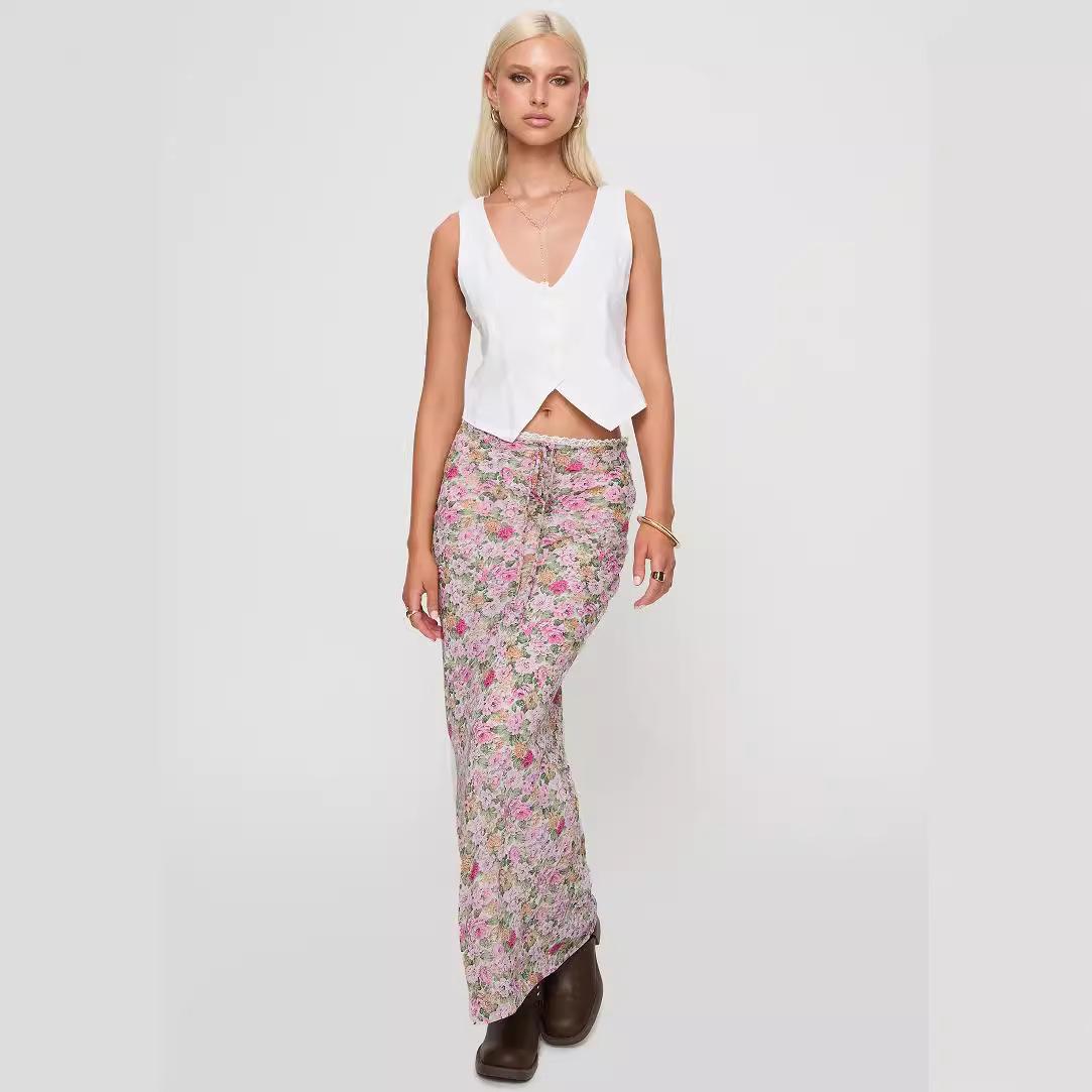 Кружевная длинная юбка с цветочным принтом для женщин. Элегантная стильная облегающая — фото 3