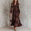 Dark Brown Floral Print V-Neck Long Sleeve Maxi Dress with Side Slit and Zipper Front