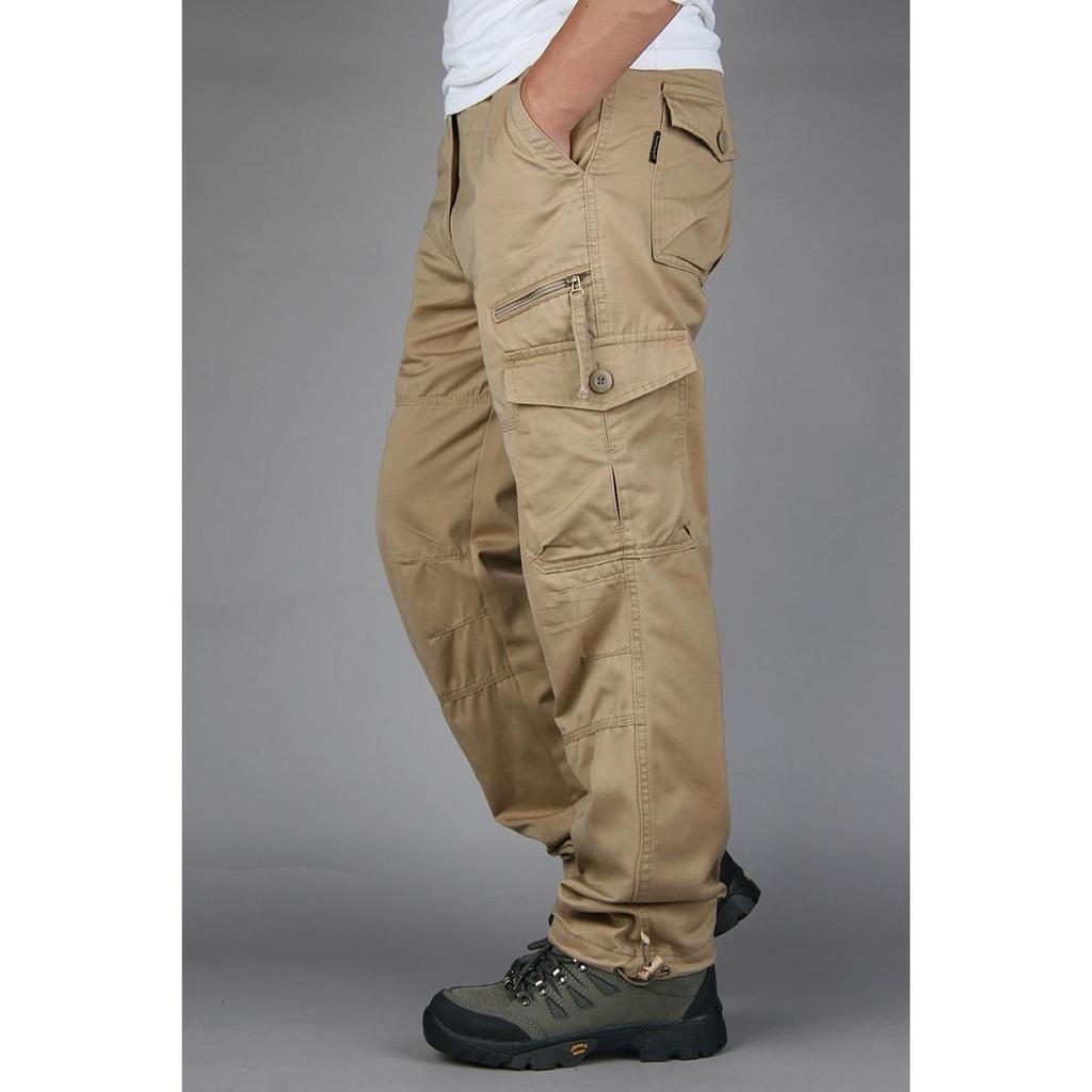 Army Green Men's Pure Cotton Outdoor Work Pants: Windproof, Straight Leg, Multi-Pocket, Loose Fit for Mountaineering and Casual Wear.
