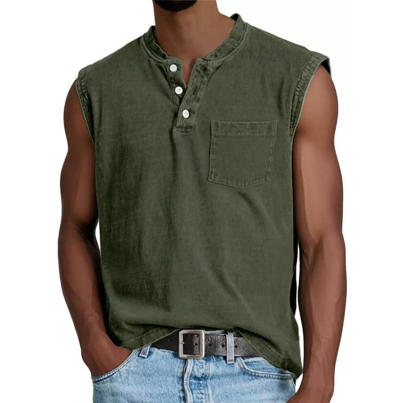 Herren gewaschenes Henley ärmelloses Tanktop lässig V-Ausschnitt einfarbig Muskelshirt mit Brusttasche