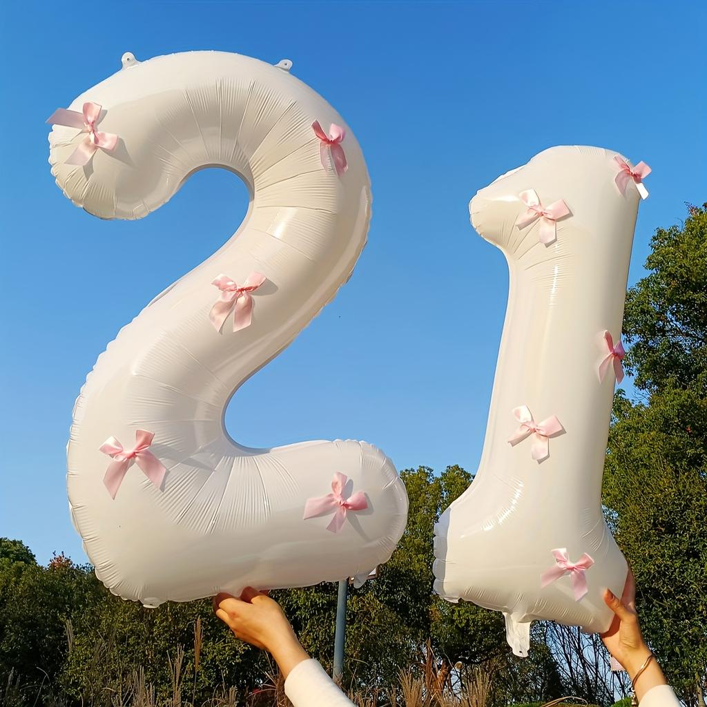 2pcs101.6cm Pink Bow Decoration White Digital Balloon for Birthday Anniversary Wedding Graduation Season New Year Decoration