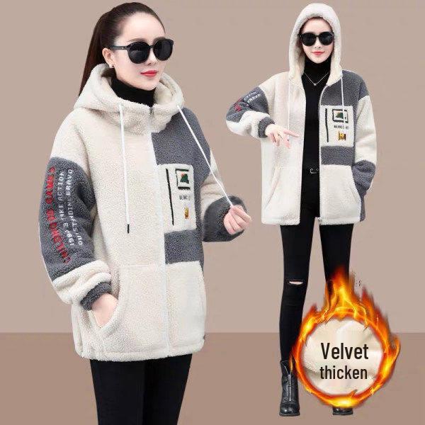 Plus Size Mid-Length Lambswool Hoodie - Korean Style Slimming, Velvet Thickened, Versatile Women's Jacket