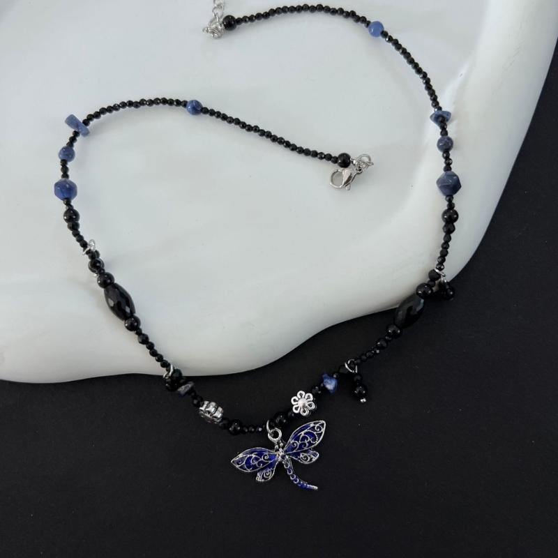 Fashion Metal Dragonflies Pendant Necklace Y2K Black Beads Chain Statement Choker Necklace for Women Club Punk Jewelry