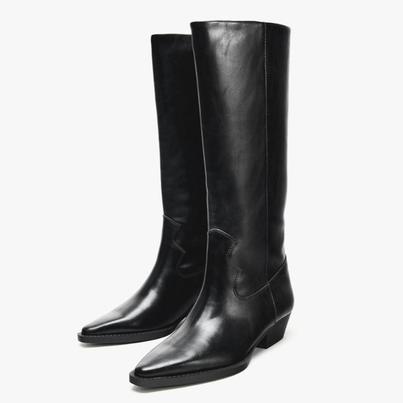 

Luxury Designer Knee Boots Women Sexy Black Pointed Toe Sewing Chunky Heel Platform Boots Comfortable Soft Leather Long Boots 35 чёрный
