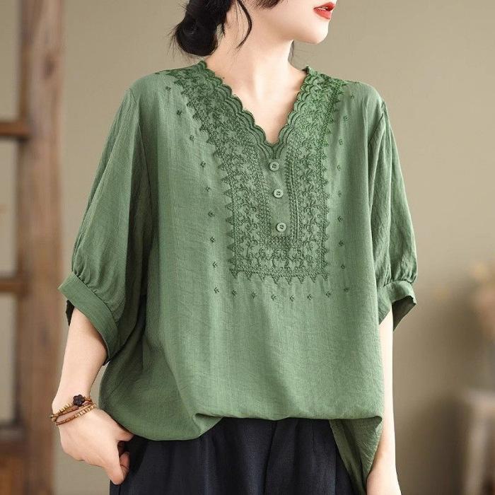 Summer Retro Cotton Linen Blouse Top for Women Loose Fitting Pullover Artistic Retro Casual Short Sleeved Shirts