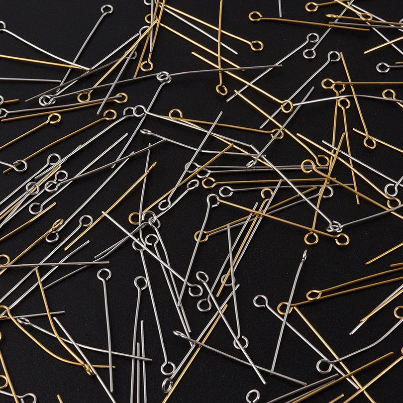 100pcs/Lot Real Gold Plated Stainless Steel  Eye Head Pins For Jewelry Making Supplies Nine Character Needle DIY Connectors Bulk