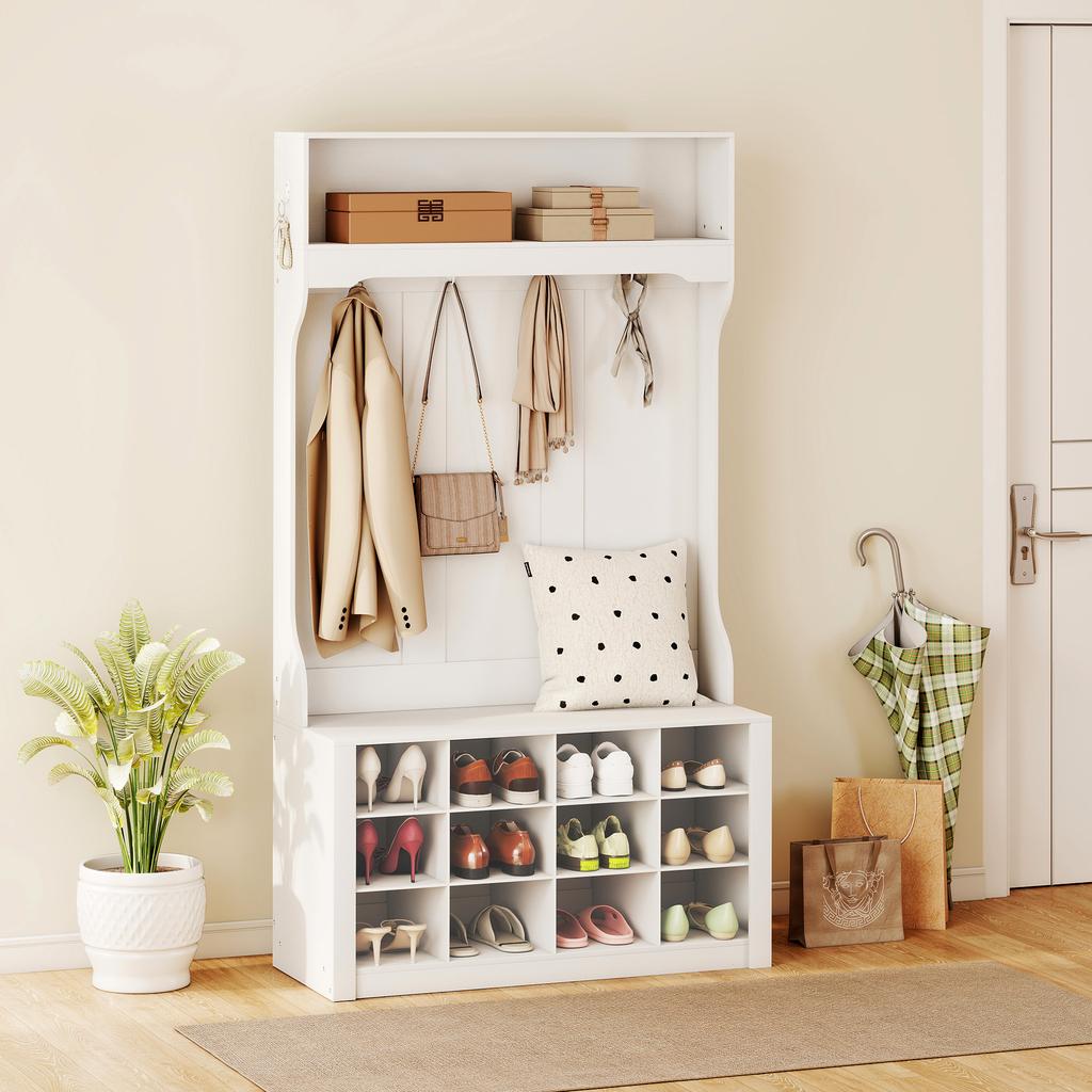 Hallway Coat Rack with Shelf, Bench, Hooks, Shoe Compartments, Particleboard, MDF, White