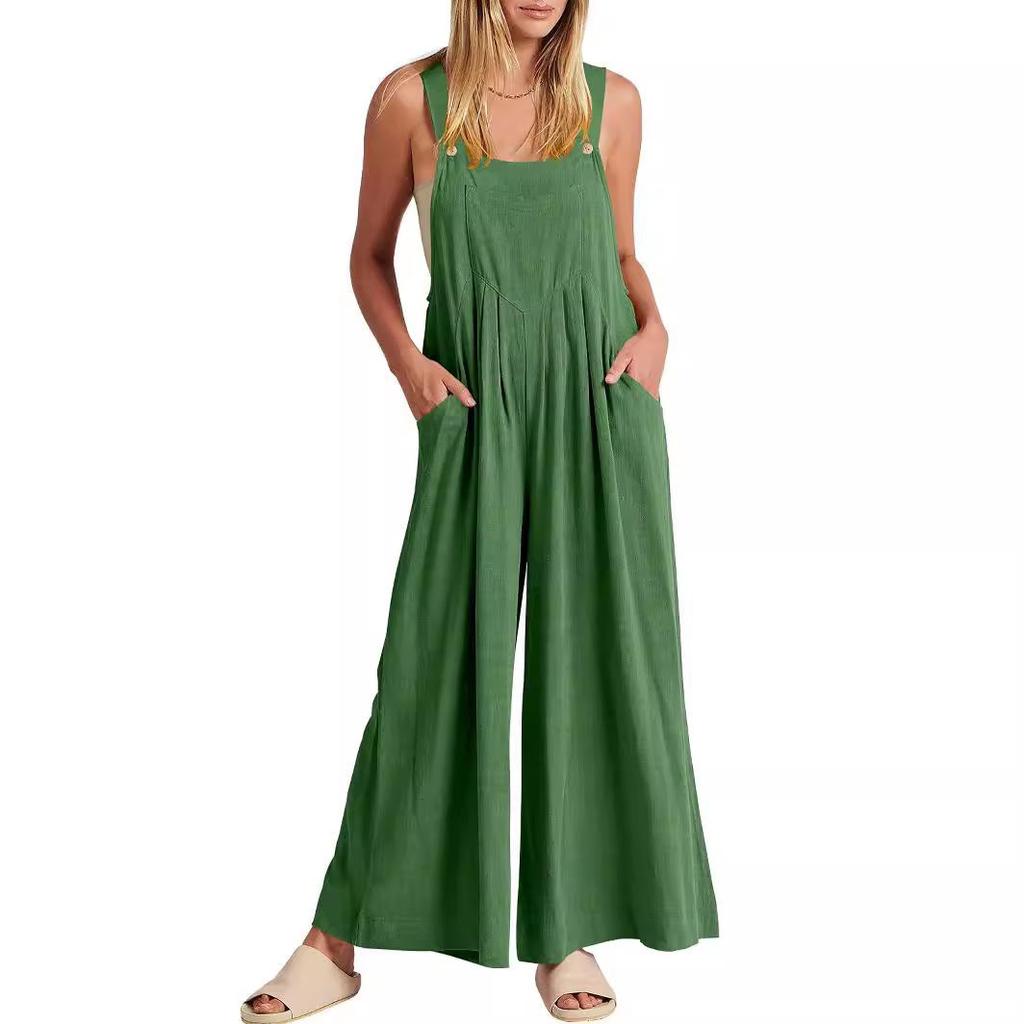 2023 European & American Women's Solid Color Casual Cotton Linen Strappy Jumpsuit