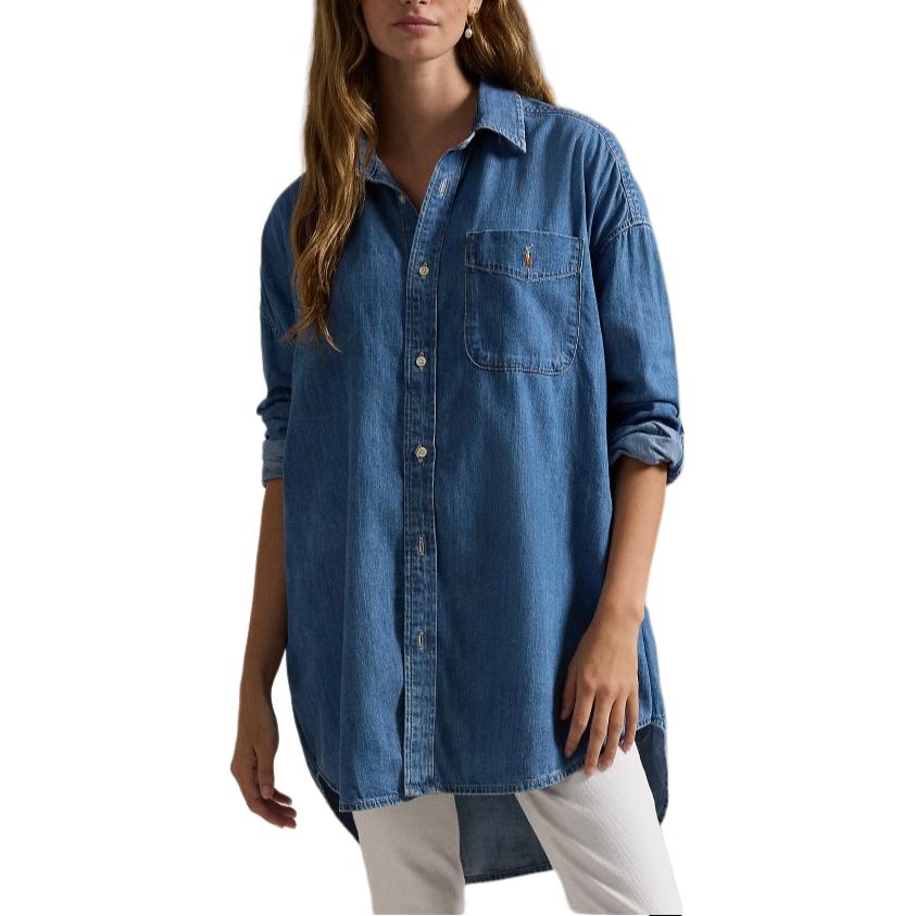 

Polo Ralph Lauren Однотонная рубашка с вышивкой пони, карманом, свободным кроем и длинными рукавами, женская, выстиранно-голубая WMPOSHTNDO20648-400 XS