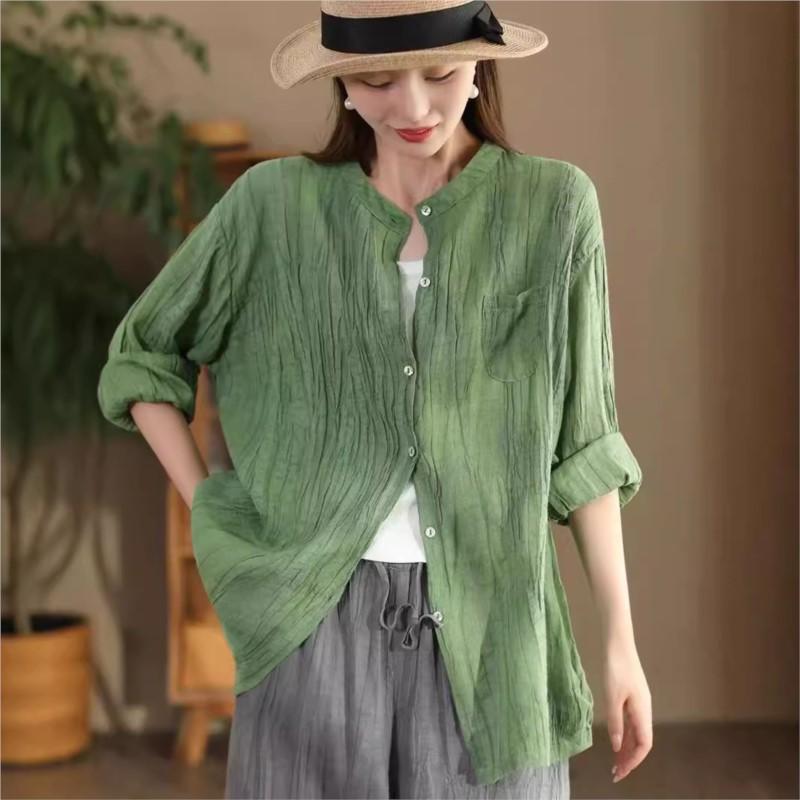 

Johnature Woman Autumn Vintage Long Sleeves Loose Shirt Fashion Chinese Style Casual Single Breasted Retro Shirt One Size темно-зелений колір