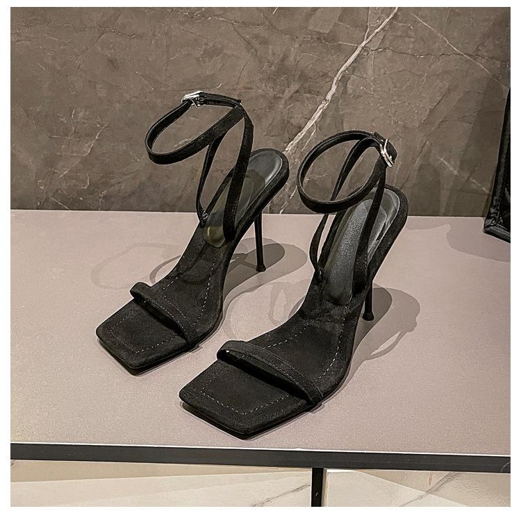 New Summer Square Head Niche One-word with Sandals High Heels Women's Thin Heels Black Suede Open-toed Versatile