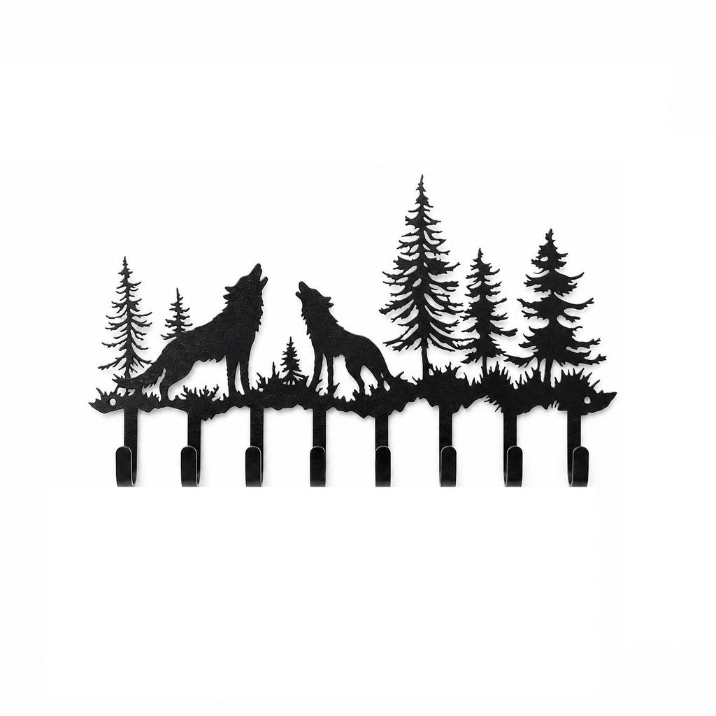 Metal Wall Mount Key Holder Rack with Wolf and Tree Design Over Door Towel Hook Rack Creative Storage Organizer with Multiple Hooks