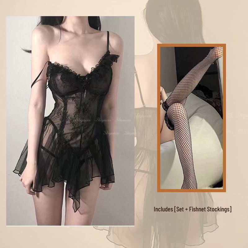 Golden Night Lingerie: Sheer Mesh Strapless Nightgown Lace Set