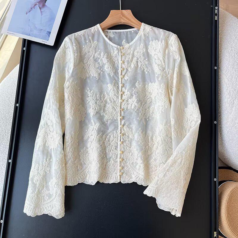 Semi-Transparent Lace Embroidered Women's Round Neck Blouse
