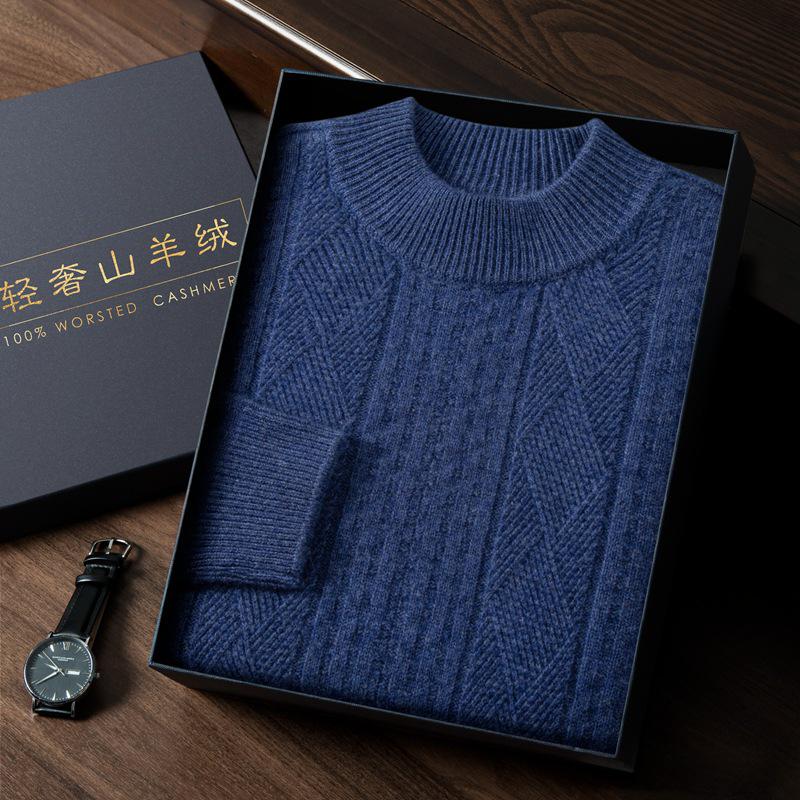 Men's Cashmere Cable Knit Sweater - Autumn/Winter 2025, Loose Fit, Semi-High Neck, Gentle Style