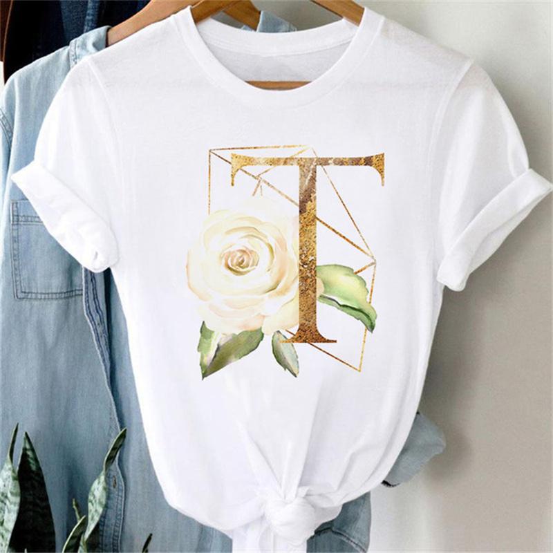 Custom Name Letter Combination Women T Shirt Floral Gold Letter Font A B C D Print Short Sleeve Tee Tops Female T-shirt Clothes