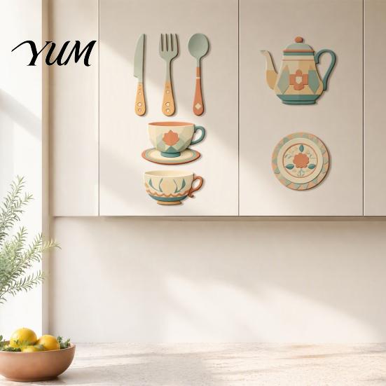 Retro Kitchen Wall Decals 7Pcs 2D Flat Wooden Decor, Teapot Tableware Themed Adhesive Art for Dining Area Art, Self?Adhesive Plaques Room