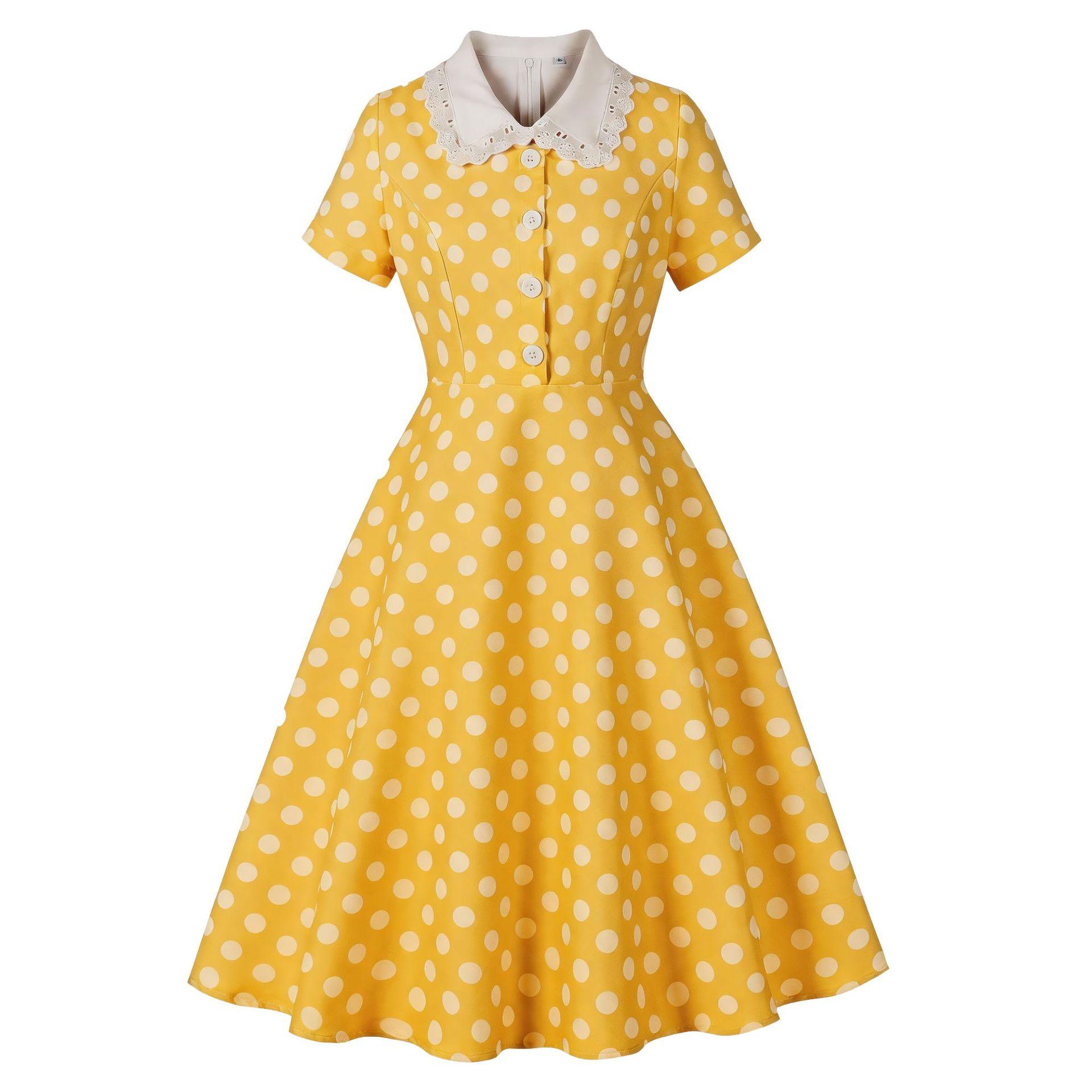 

Women s Fashionable Lace Collar Polka Dot Retro Hepburn-Style Short-Sleeve Flared Dress Summer XXL