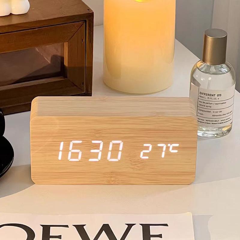 Luminous Wooden Clock Digital Alarm LED Display Electronic Rectangle Desk Table Clocks Temperature Timer Multi Function Eco