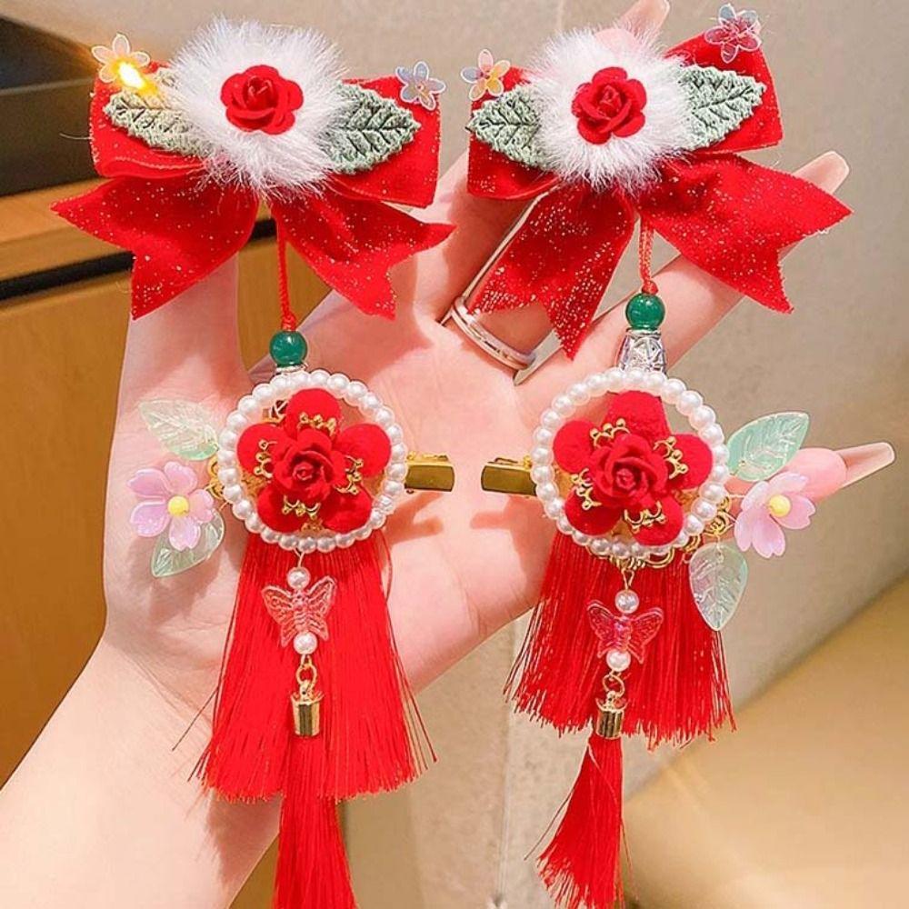Chinese Style Red Bow Barrettes Hanfu Headwear Ancient Style Hair Clips  Kids