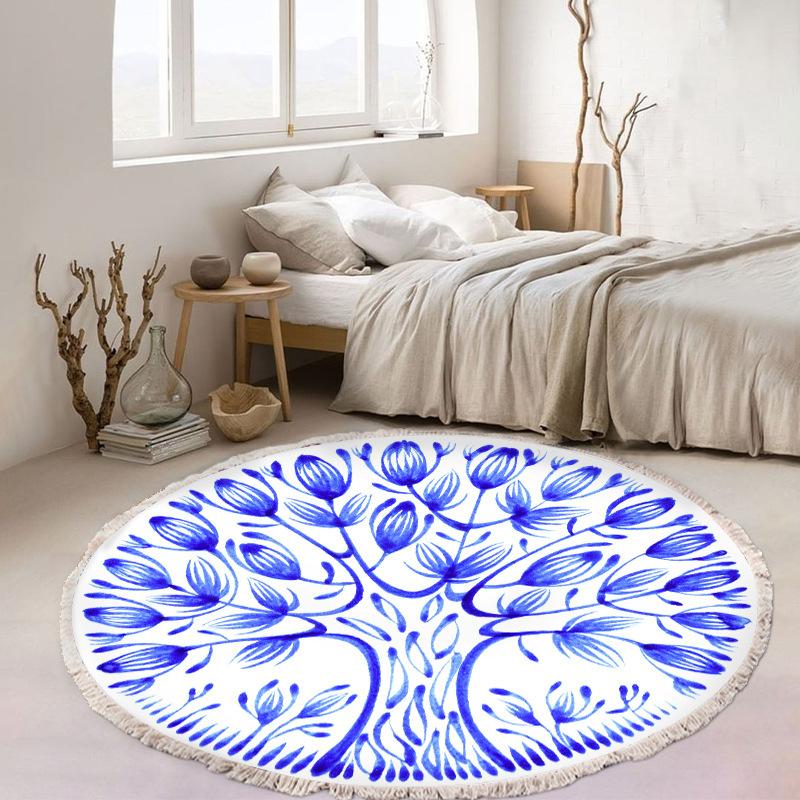 Nordic Cotton and Linen Home Leisure Non-slip Fringed Printed Round Carpet Living Room Floor Mat Bedroom Bedside Blanket