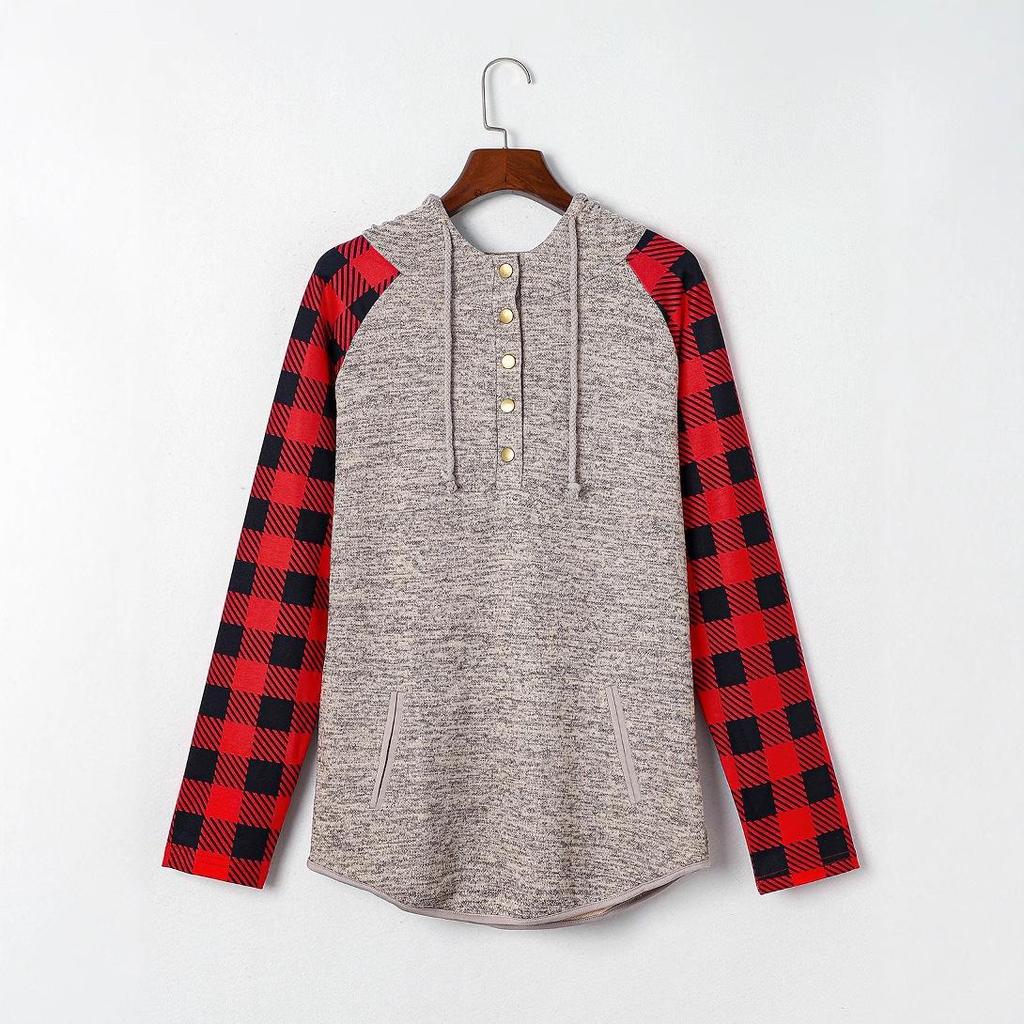 Shiying Plaid Color Block Waffle Sweatshirt - Women's Casual Autumn/Winter Button Top