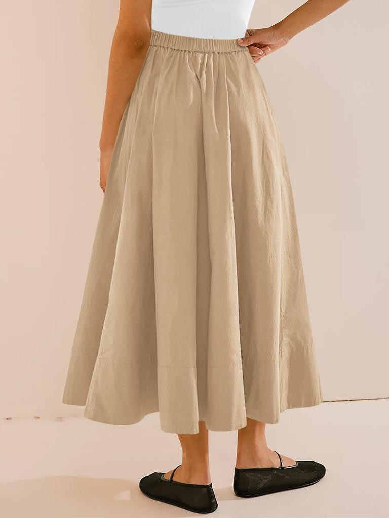 Women's Elastic High Waist A Line Midi Skirt Pleated Flowy Swing Skirt with Pockets